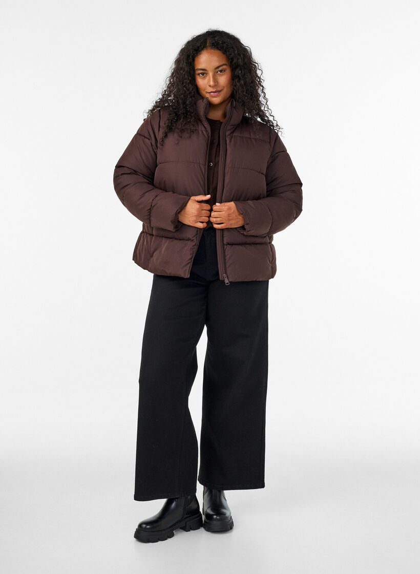 Kort pufferjacka med h&ouml;g krage, Brun, Model image number 1