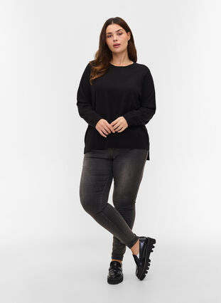 Långärmad tröja med ribb och slits, Black, Model image number 2