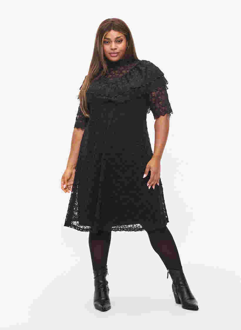 Spetsklänning med 2/4-ärmar, Black, Model image number 3