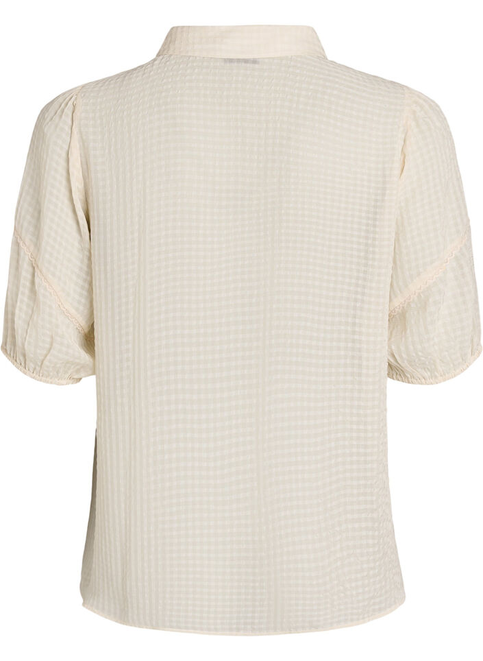 Blus i seersucker med knytband, Beige, Packshot image number 1