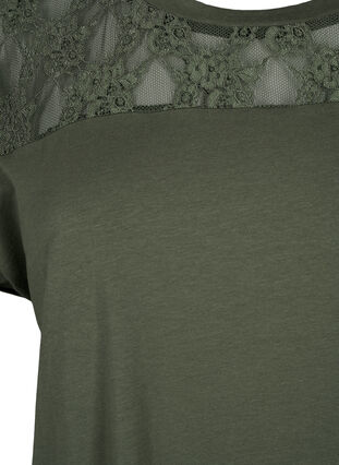 Kortärmad t-shirt av bomull med spets, Thyme, Packshot image number 2