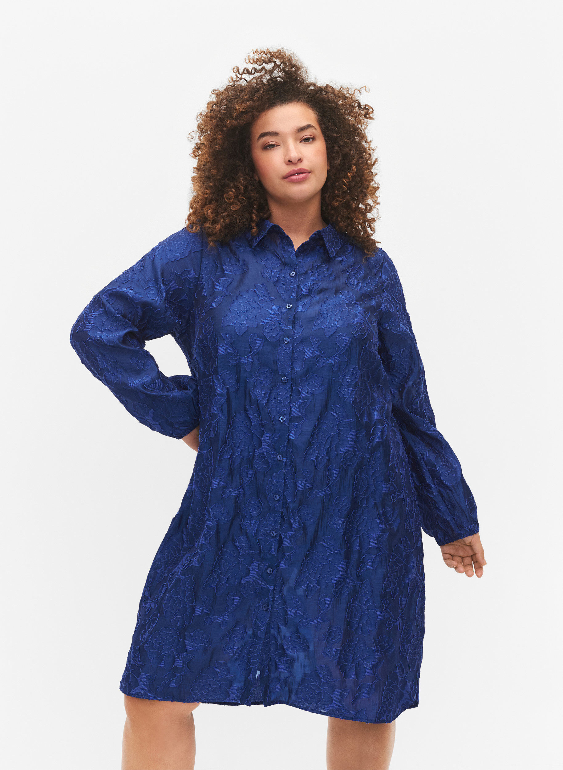 Zizzi L&aring;ng jacquard skjorta, Mazarine Blue, Model image number 0