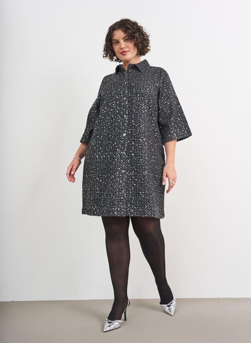 Kl&auml;nning i denim med paljetter och 3/4-&auml;rmar, Svart, Model image number 1
