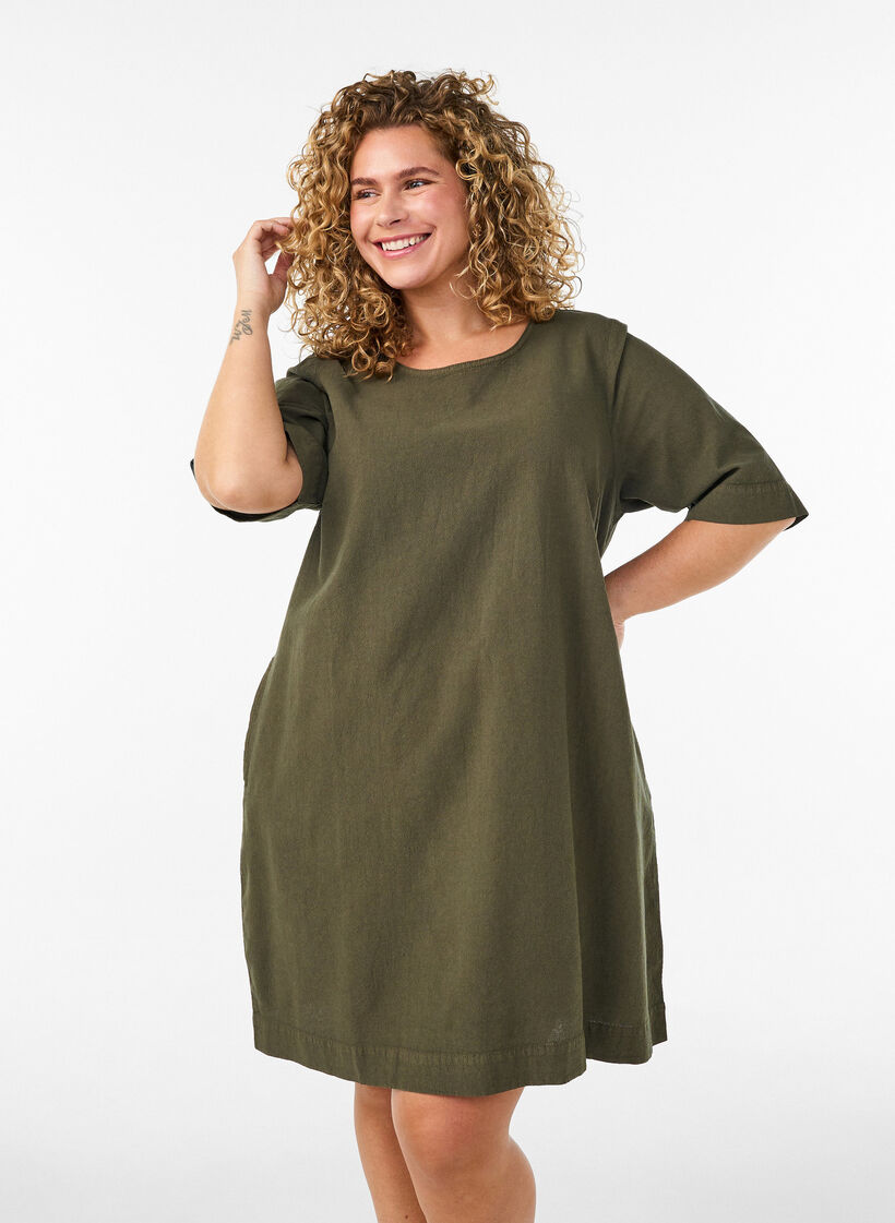 Kl&auml;nning i bomull med korta &auml;rmar och fickor, Gr&ouml;n, Model image number 0