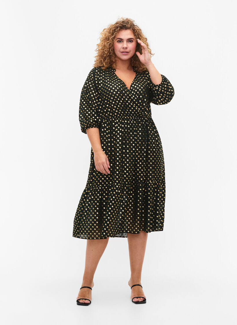 Klänning med prickigt folietryck och 3/4-ärmar, Scarab w. Gold, Model image number 2