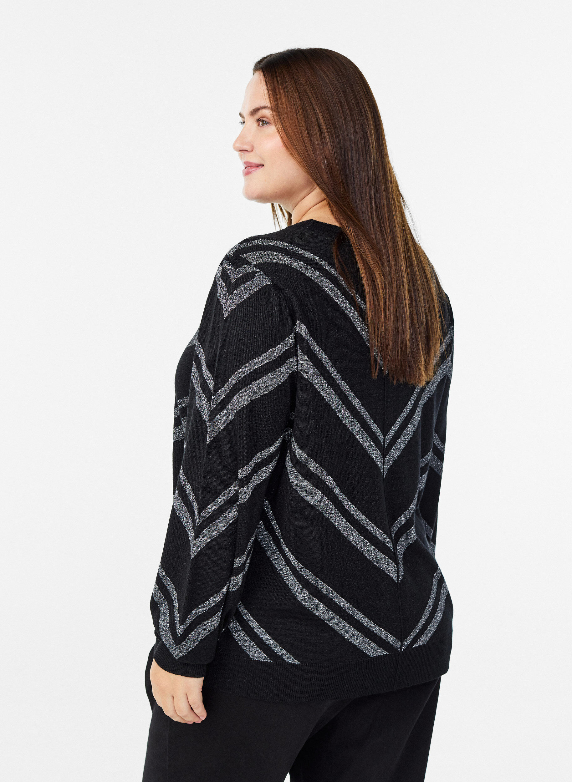 Zizzi M&ouml;nstrad stickad blus med glittereffekt, Svart, Model image number 2