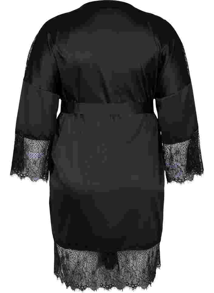 Morgonrock med spetsdetaljer och knytband, Black, Packshot image number 1