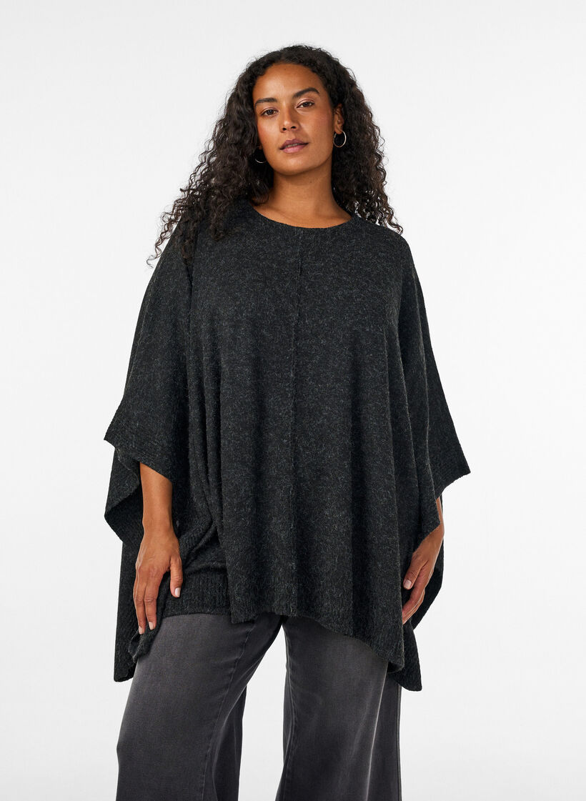 Stickad poncho med rund hals, Gr&aring;, Model image number 0