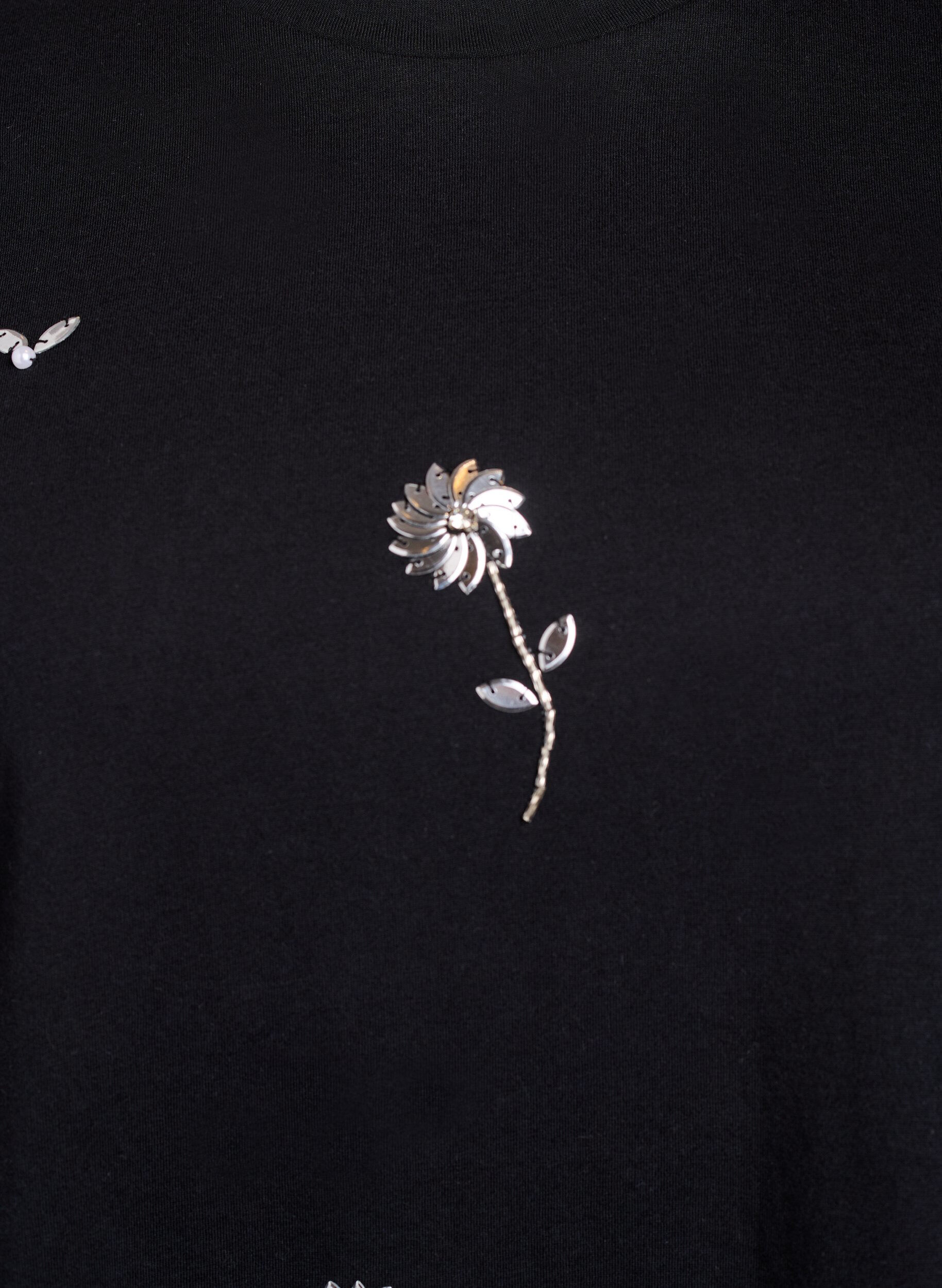 Zizzi T-shirt med paljettblommor, Svart, Packshot image number 2