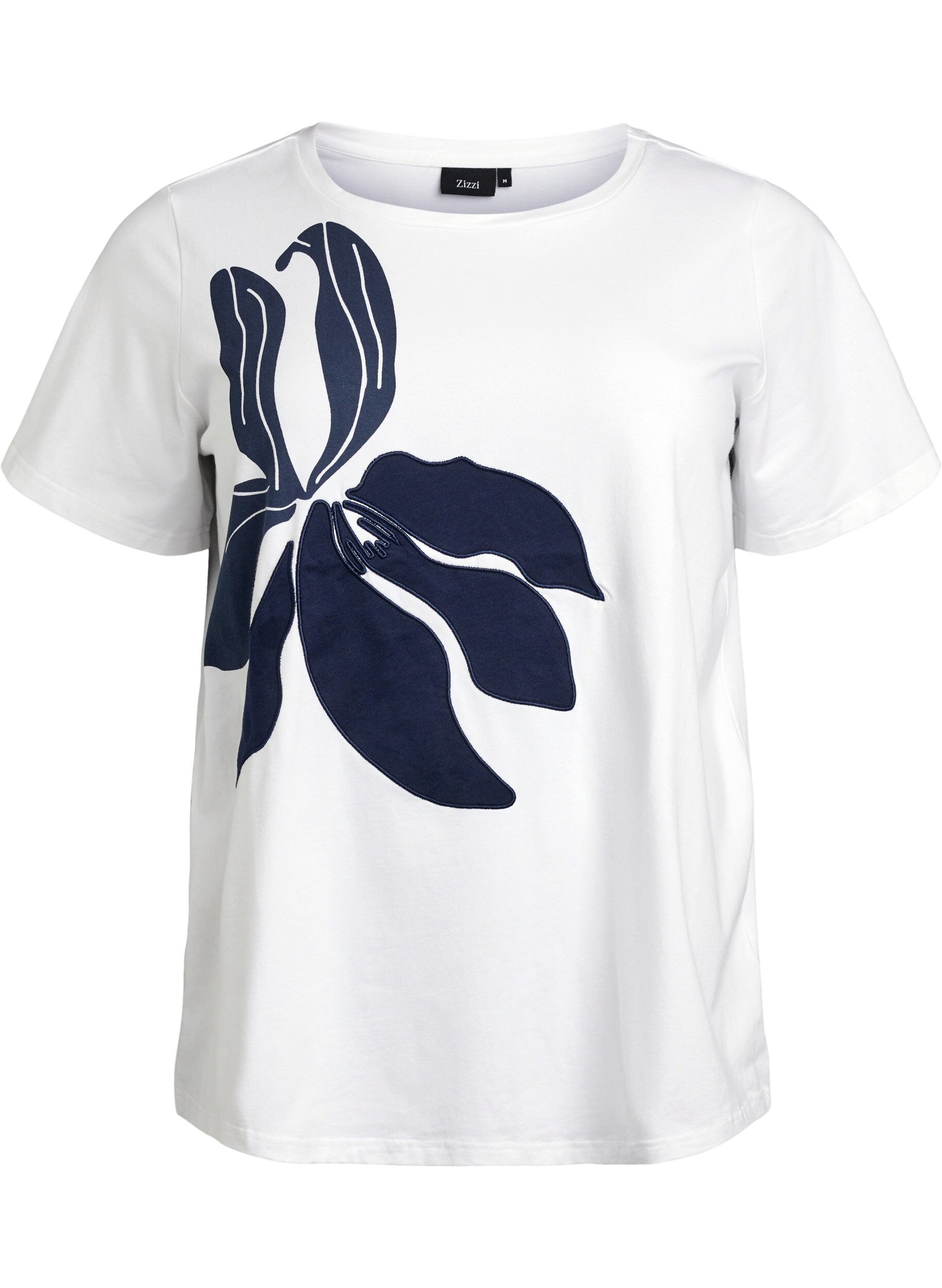 Zizzi T-shirt i ekologisk bomull med blommigt tryck, B. White w. EMB, Packshot image number 0