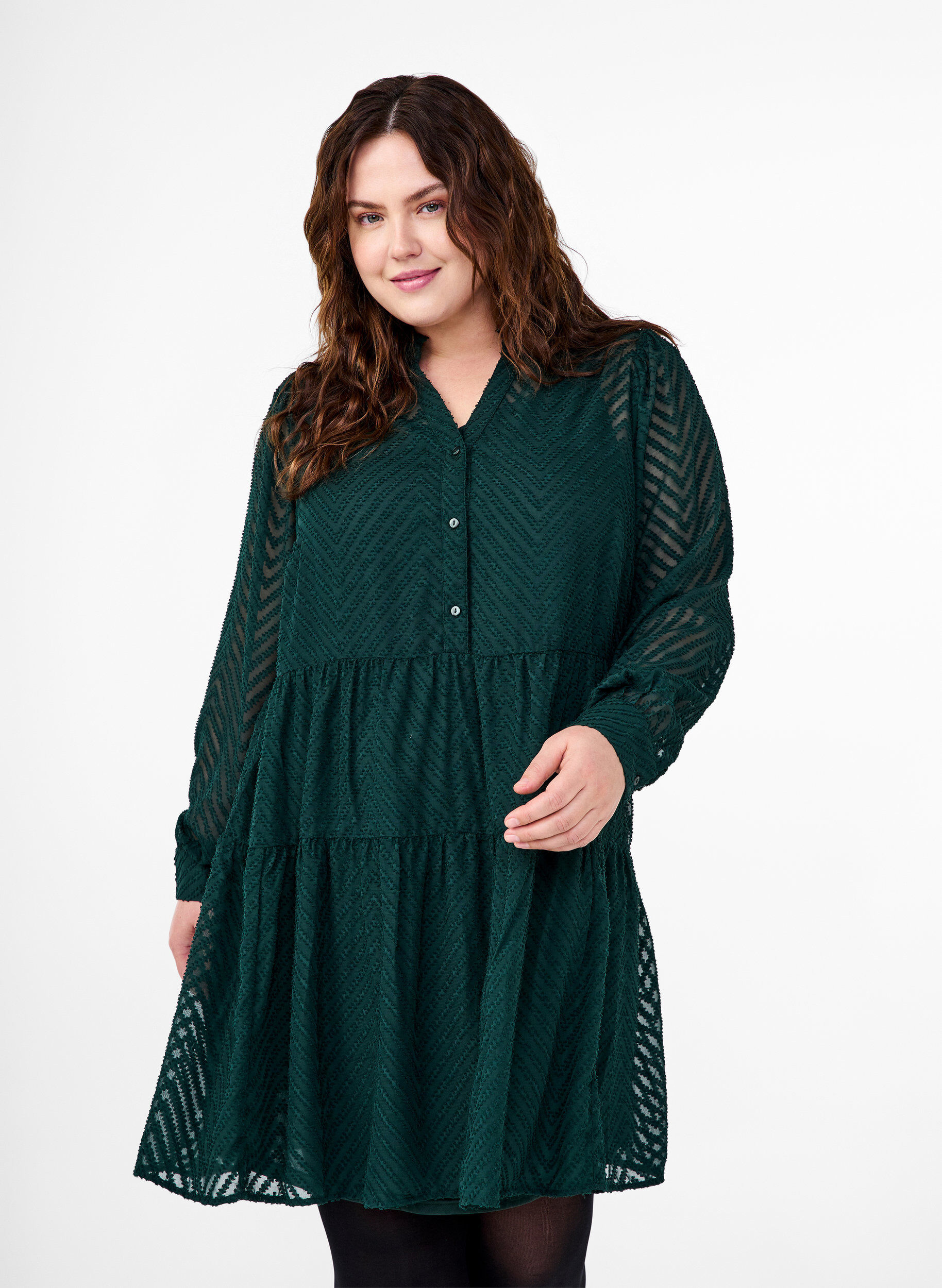 Zizzi Kort kl&auml;nning med volangkrage och struktur, Scarab, Model image number 0