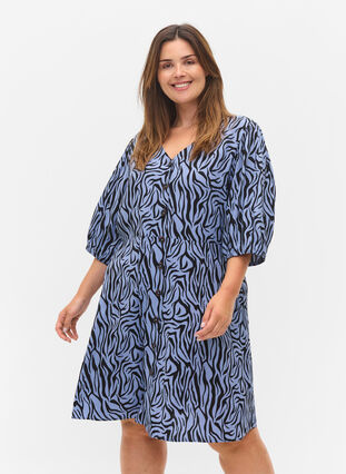 Klänning med knappar och 3/4 ärmar, Blue Zebra, Model image number 0