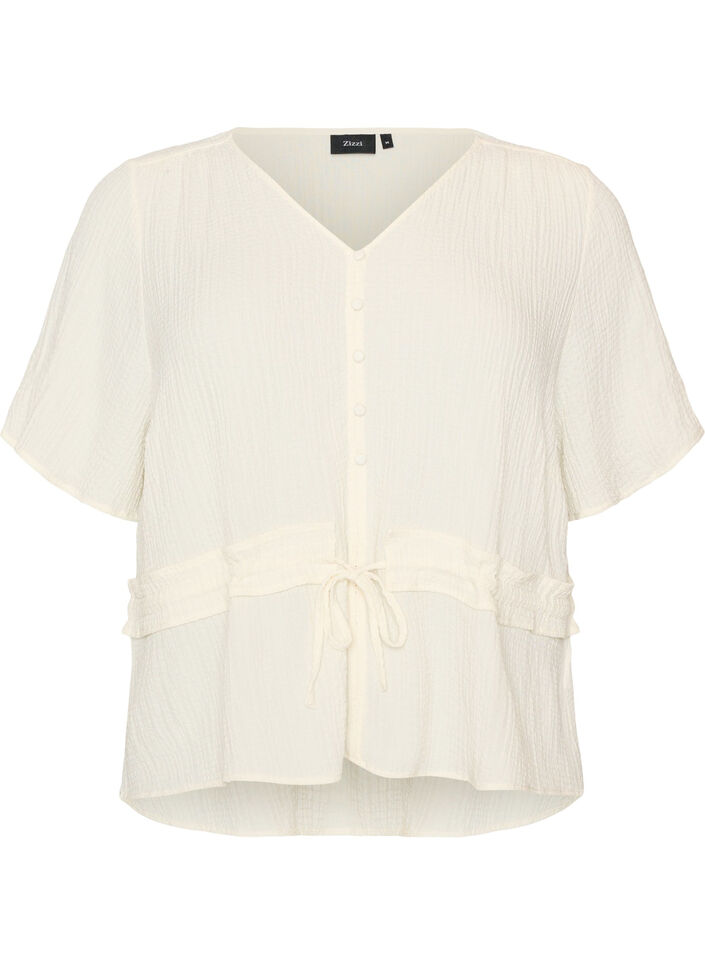 Blus med struktur och knyt i midjan, Vanilla, Packshot image number 0
