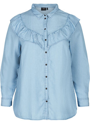 Jeansskjorta i lyocell med volanger, Light blue denim ASS, Packshot image number 0