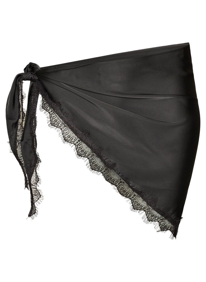 Sjal i satin med spetskant, Svart, Packshot image number 0