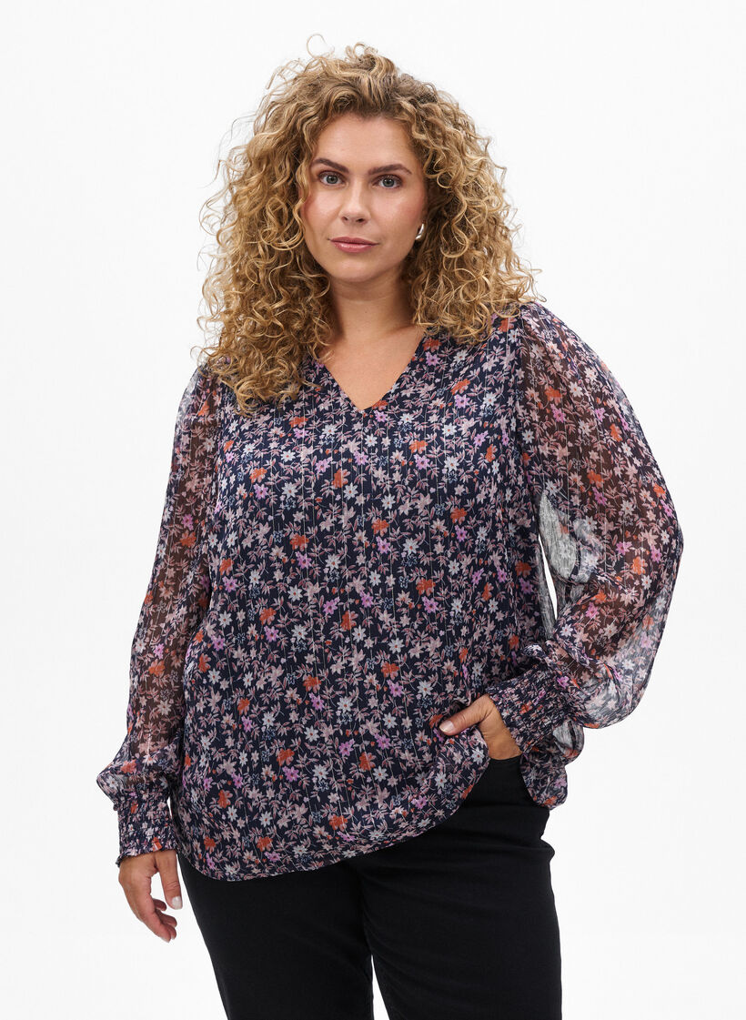 Blus med blomm&ouml;nster och glittertr&aring;d, Bl&aring;, Model image number 0