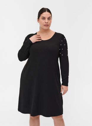 Klänning med långa puffärmar och pärlor, Black, Model image number 0