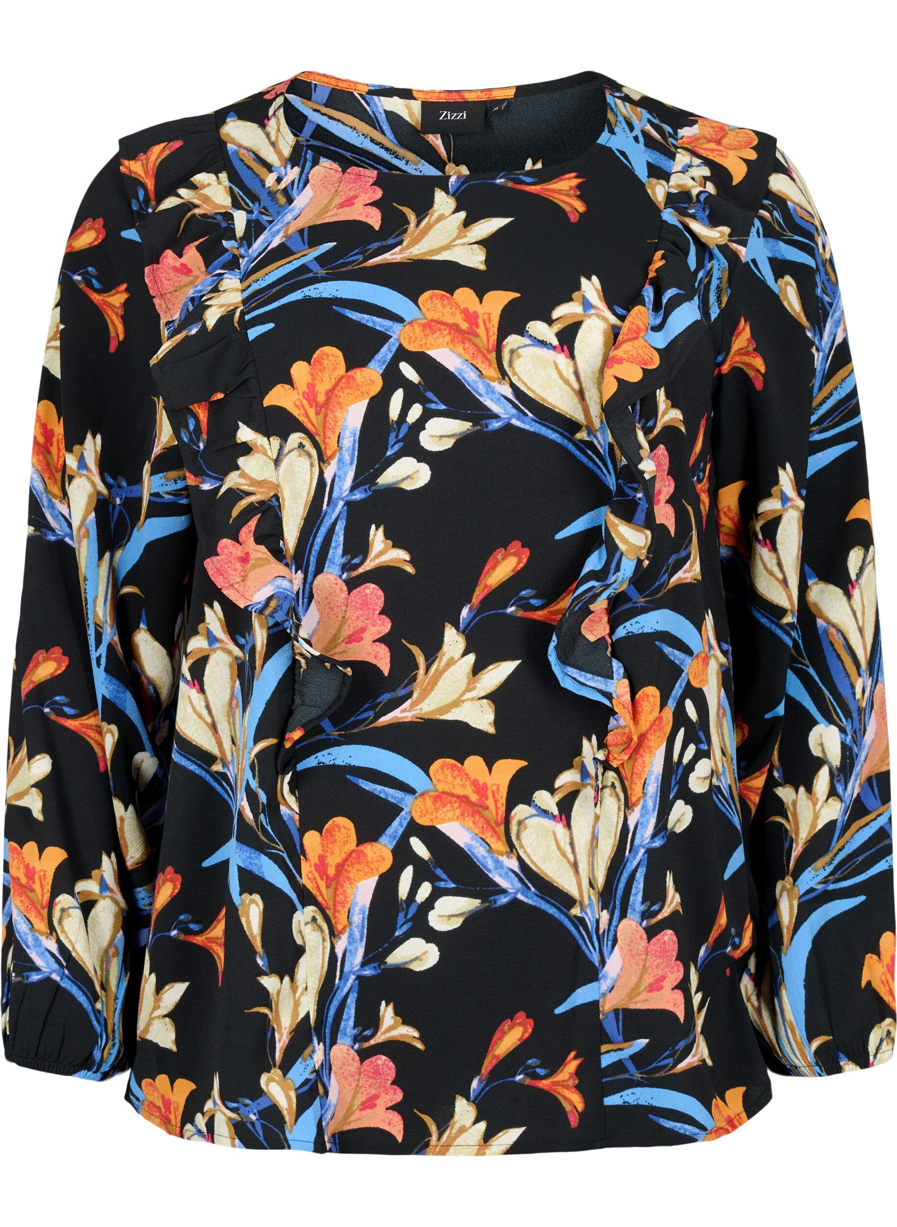 Zizzi L&aring;ng&auml;rmad blus med volanger, Black Flower AOP, Packshot image number 0