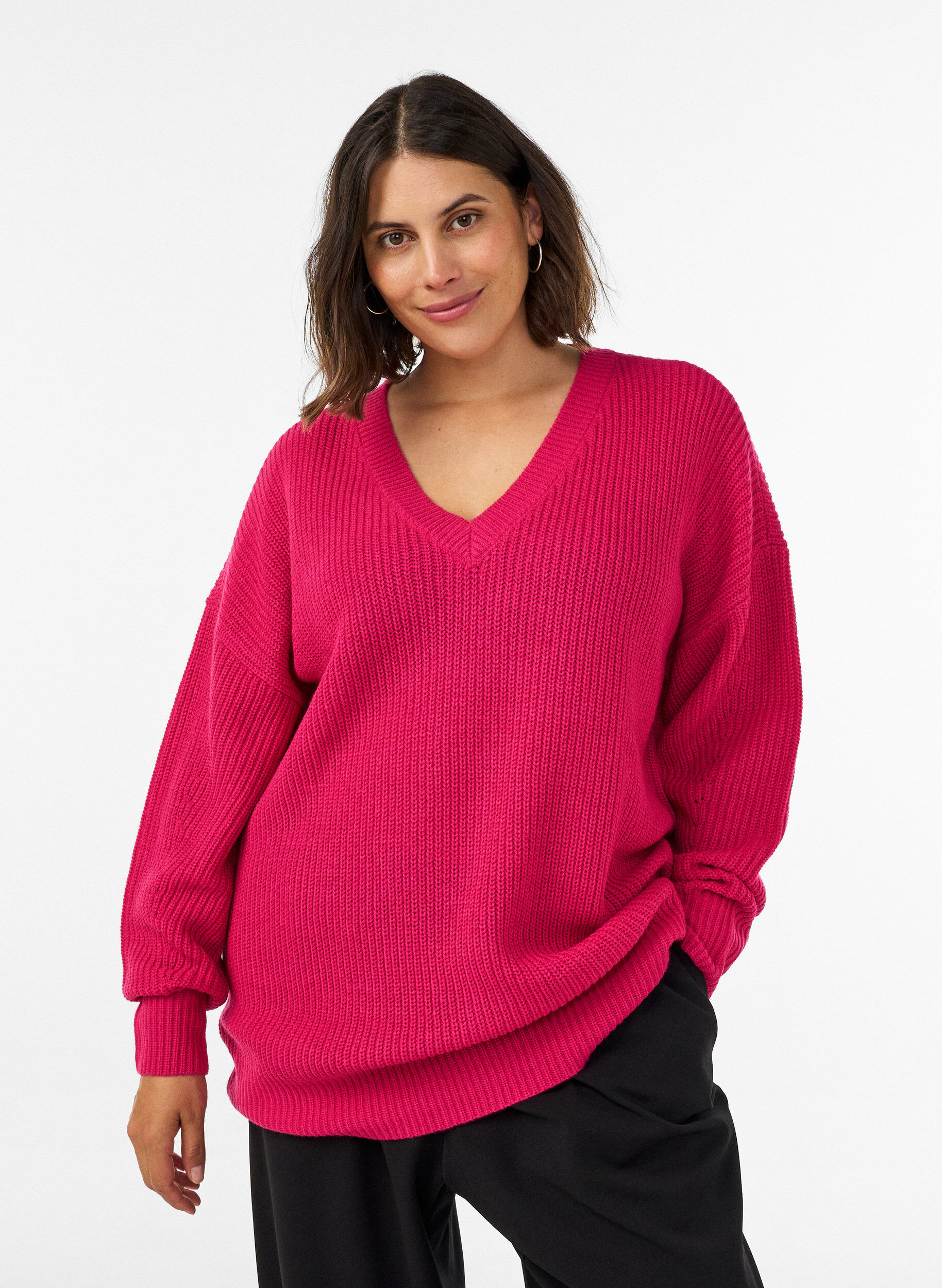 ZizziL&aring;ng ribbstickad blus med V-ringning, Rosa, Model image number 0