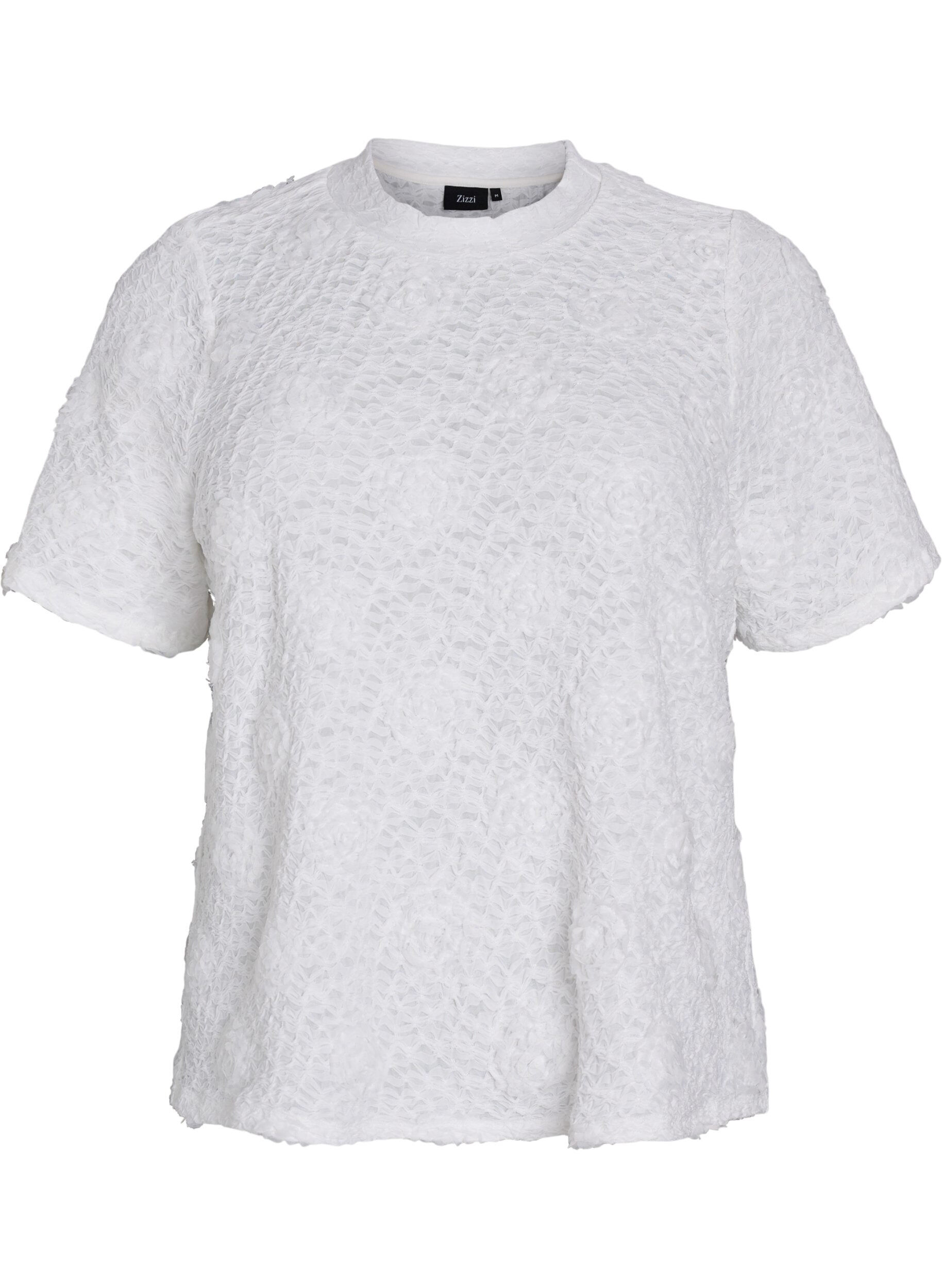 Blus med 3D-blommor och korta &auml;rmar