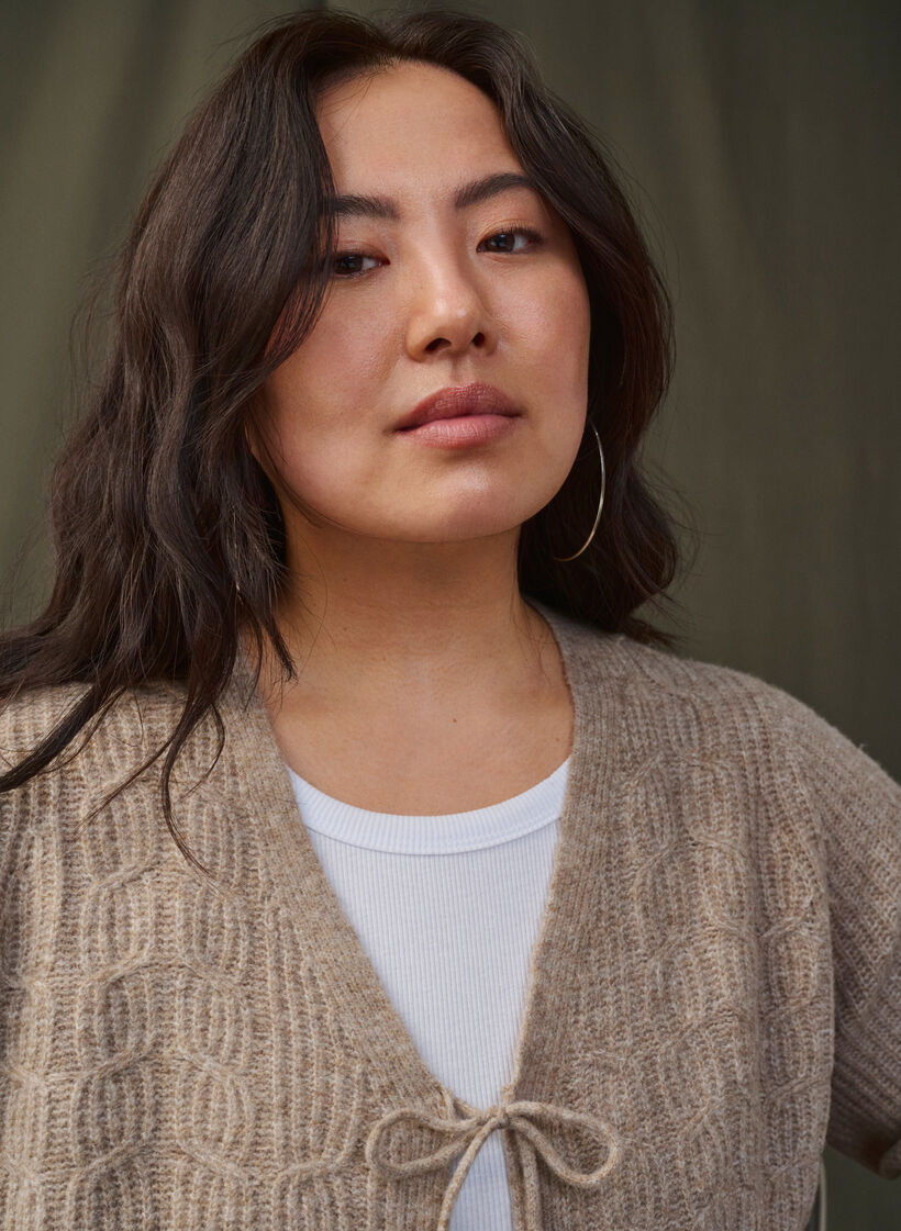 Stickad kofta med knytdetaljer, Simply Taupe Mel., Image image number 0