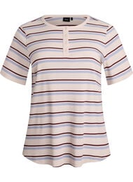 Ribbad t-shirt med r&auml;nder och knappdetalj, Lila