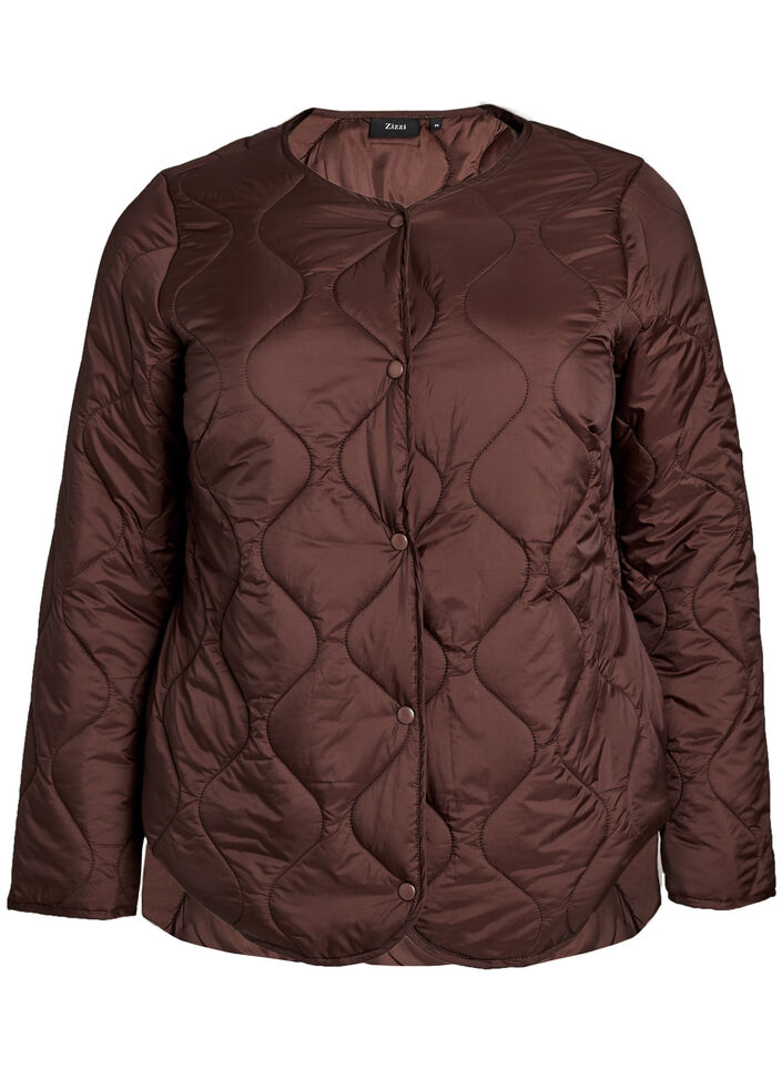 Quiltad jacka med tryckknappar och rund hals, Brun, Packshot image number 0