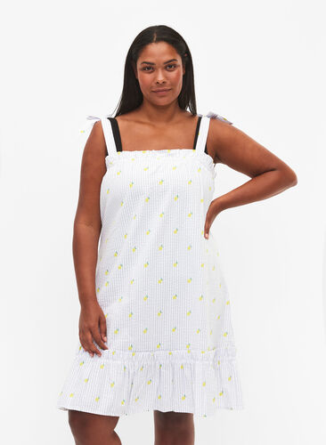 Strandklänning i bomull med knytband, Lemon Print, Model image number 0