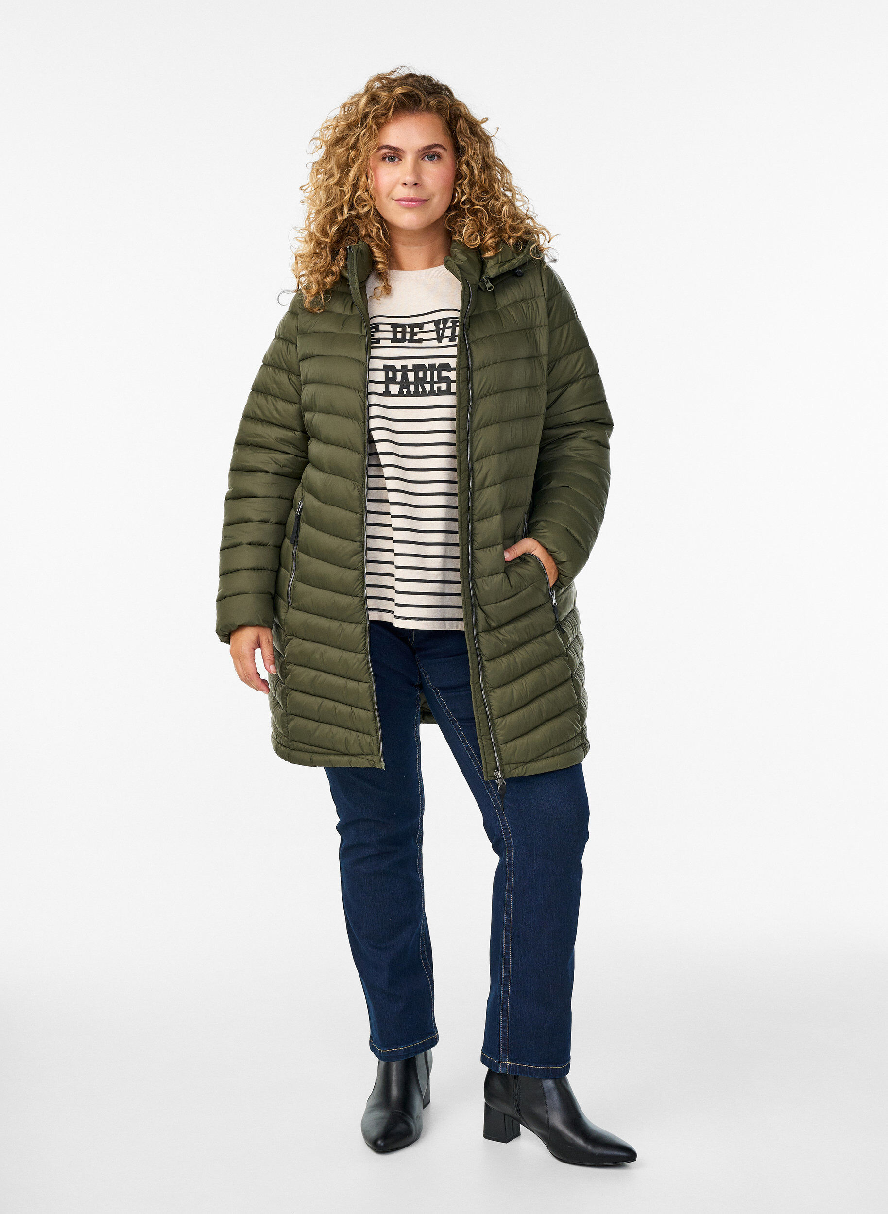 ZizziL&auml;ttviktsjacka med fickor och avtagbar huva, Gr&ouml;n, Model image number 1
