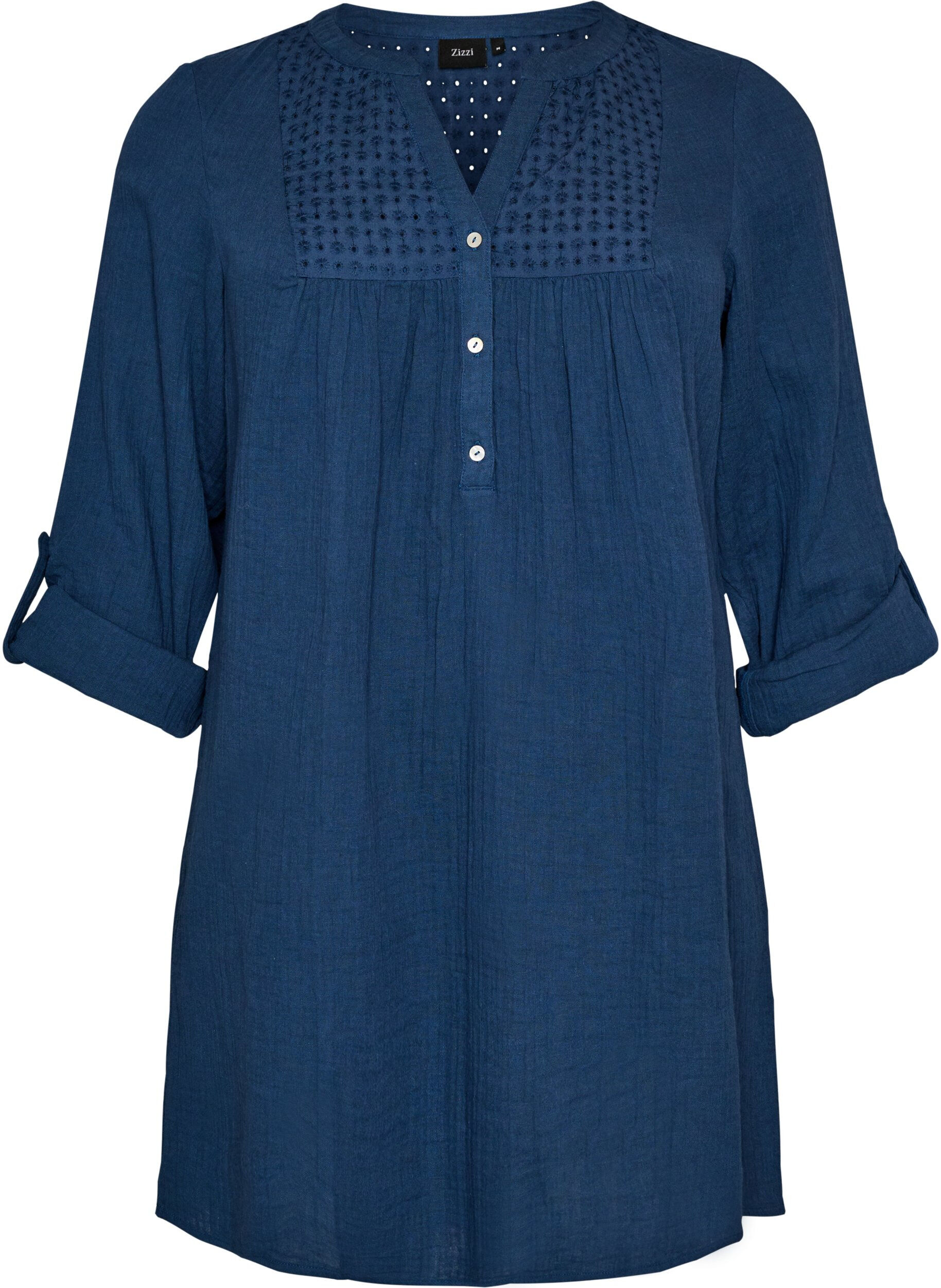 ZizziTunika i bomullsmuslin med broderie anglaise, Bl&aring;, Packshot image number 0