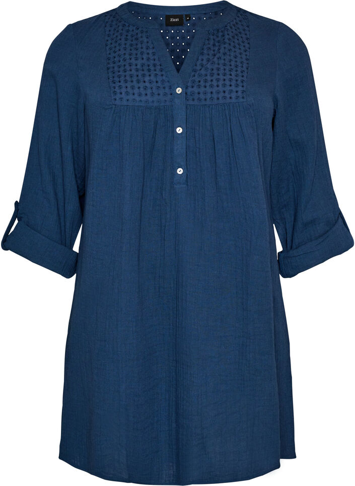 Tunika i bomullsmuslin med broderie anglaise, Bl&aring;, Packshot image number 0