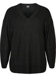 L&aring;ng ribbstickad blus med V-ringning, Svart