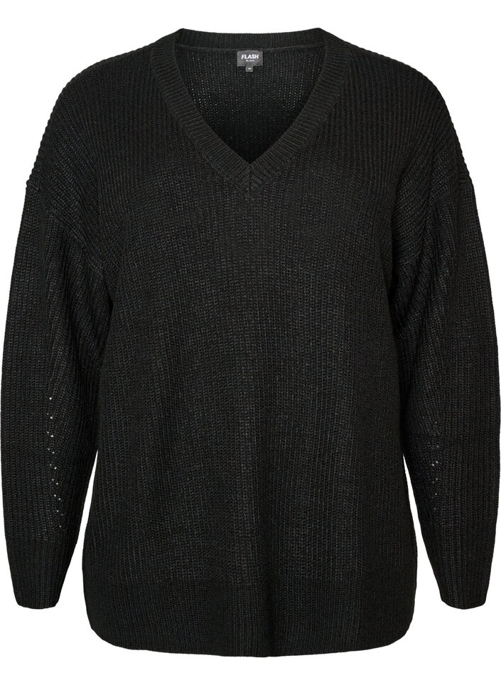 L&aring;ng ribbstickad blus med V-ringning, Svart, Packshot image number 0