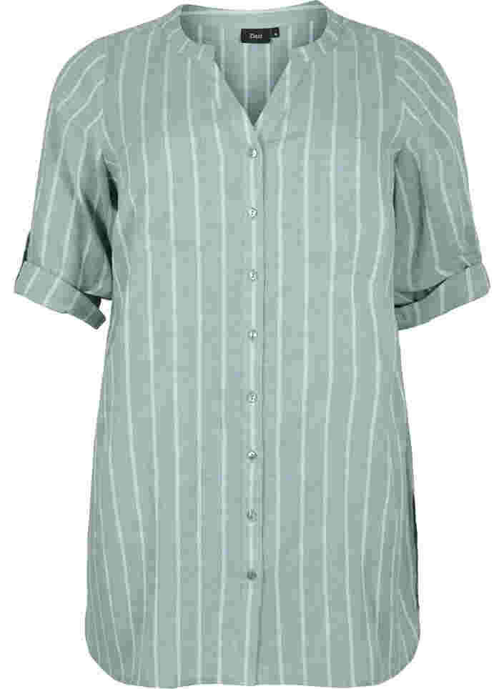 Randig skjorta med V-ringad hals, Balsam Green Stripe, Packshot image number 0