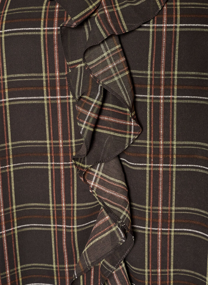 Blus med rutor och volangdetaljer, Gr&ouml;n, Packshot image number 2
