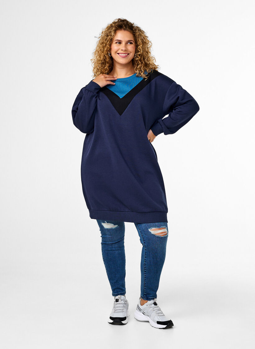 Lång sweatshirt med färgblock, Navy B. Color Block, Model image number 2