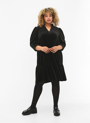 Klänning i velour med volangkrage och 3/4-ärmar, Black, Model image number 2