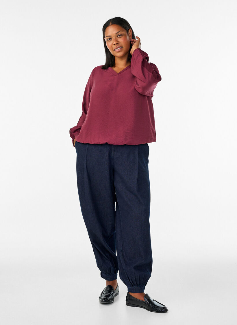 Blus med ballongeffekt och chiffongdetaljer, R&ouml;d, Model image number 1