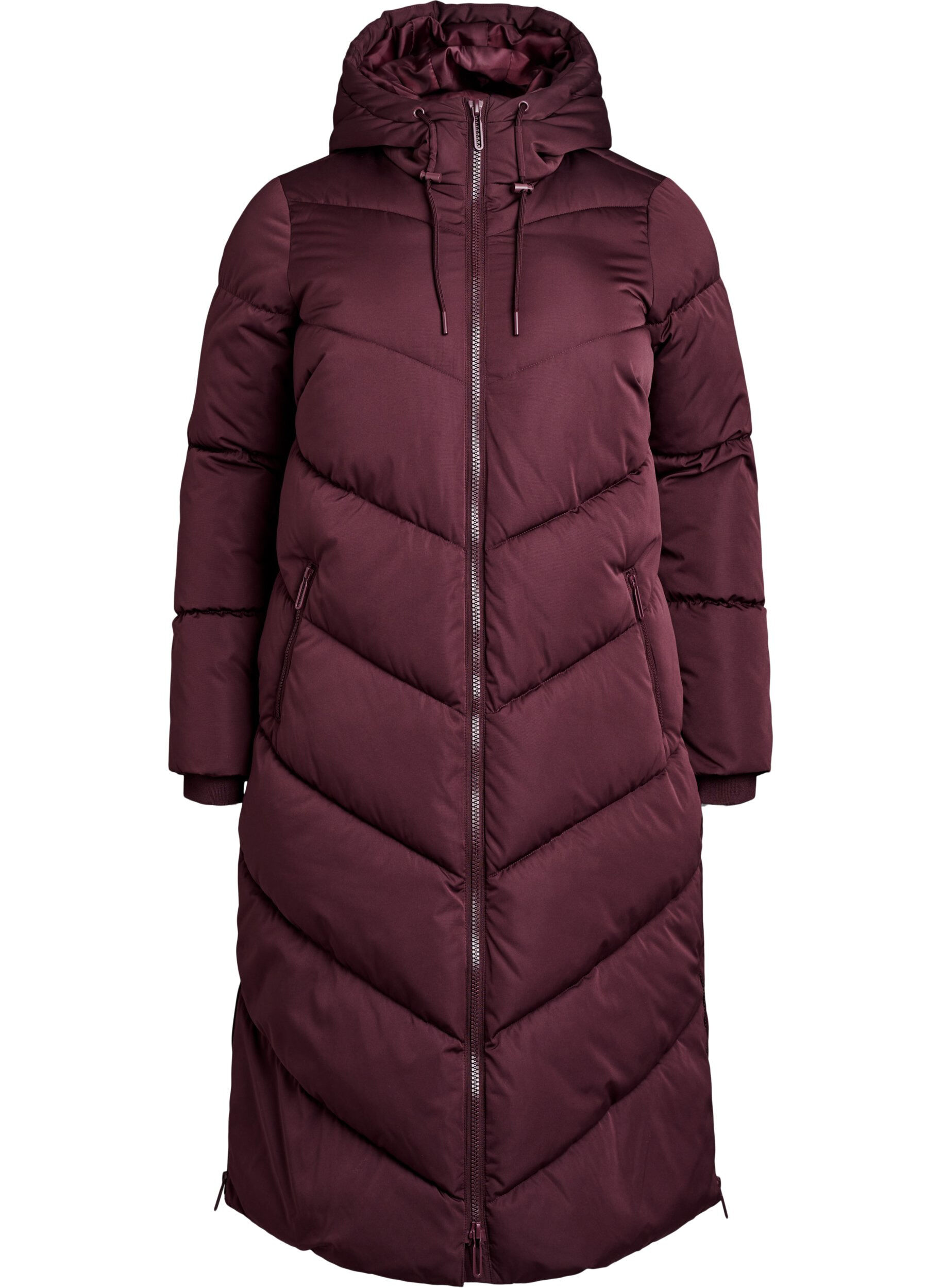 ZizziL&aring;ng pufferjacka med huva och fickor, M&ouml;rk Bordeaux, Packshot image number 0