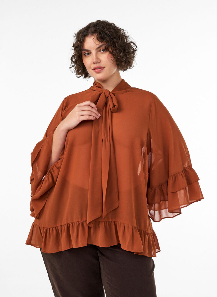 Blus med knytband och volangdetaljer, Brun, Model image number 0