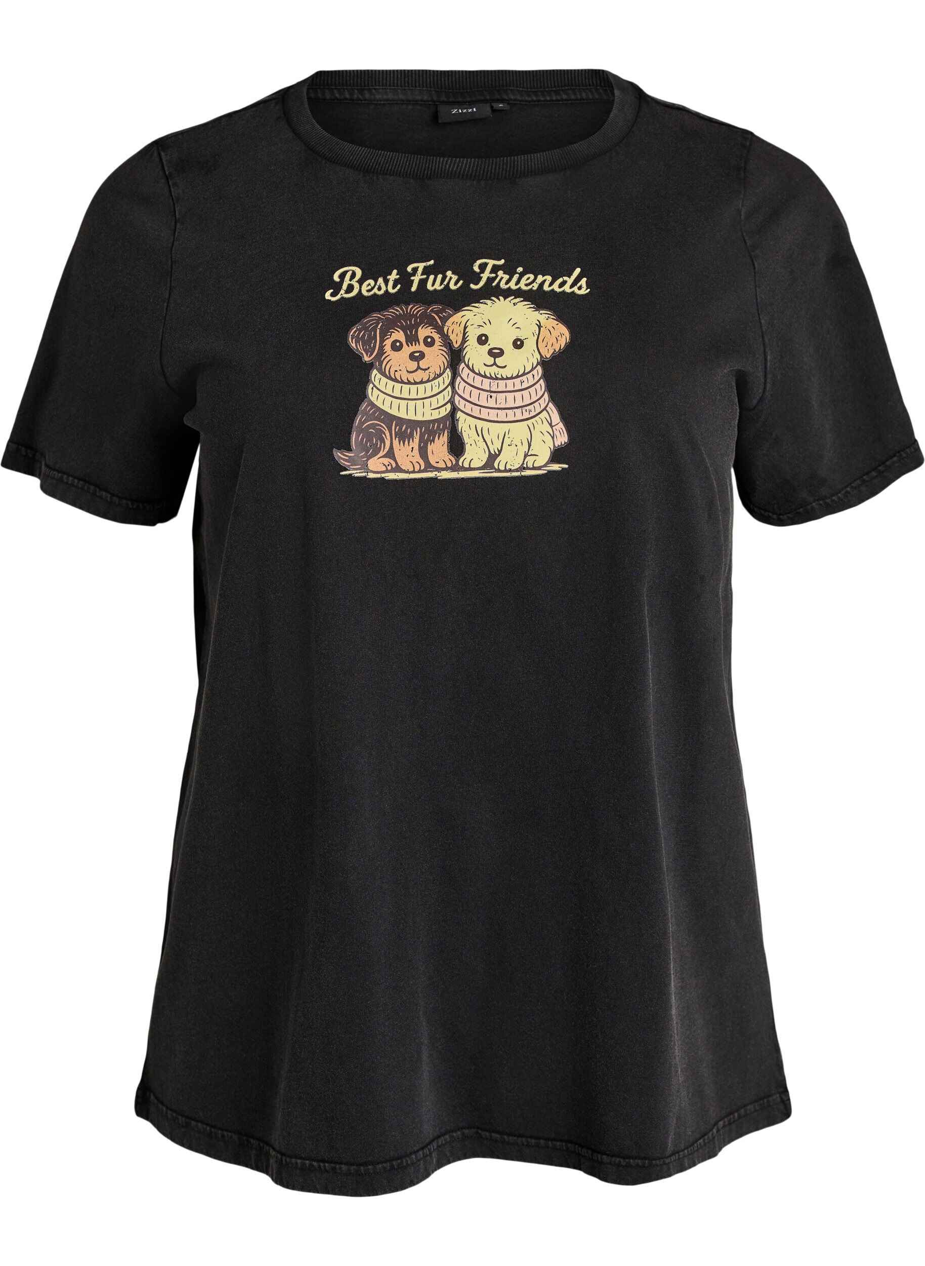 ZizziT-shirt med hundtryck och tv&auml;ttad look, Gr&aring;, Packshot image number 0