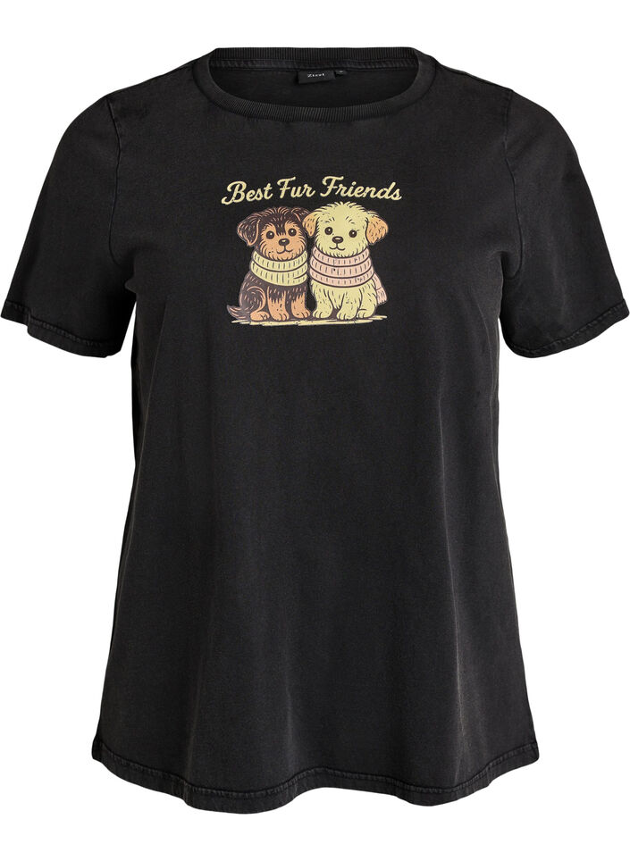 T-shirt med hundtryck och tv&auml;ttad look, Gr&aring;, Packshot image number 0