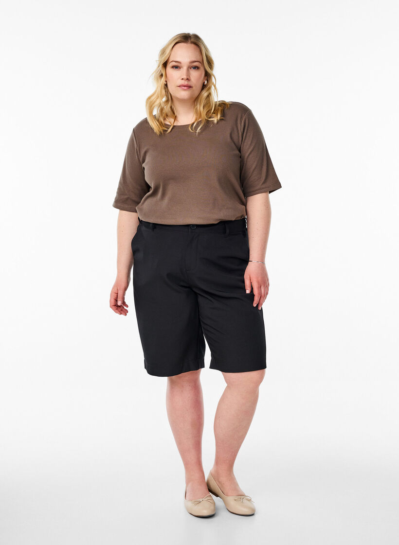 Blus i ribbad jersey med korta &auml;rmar, Brun, Model image number 1