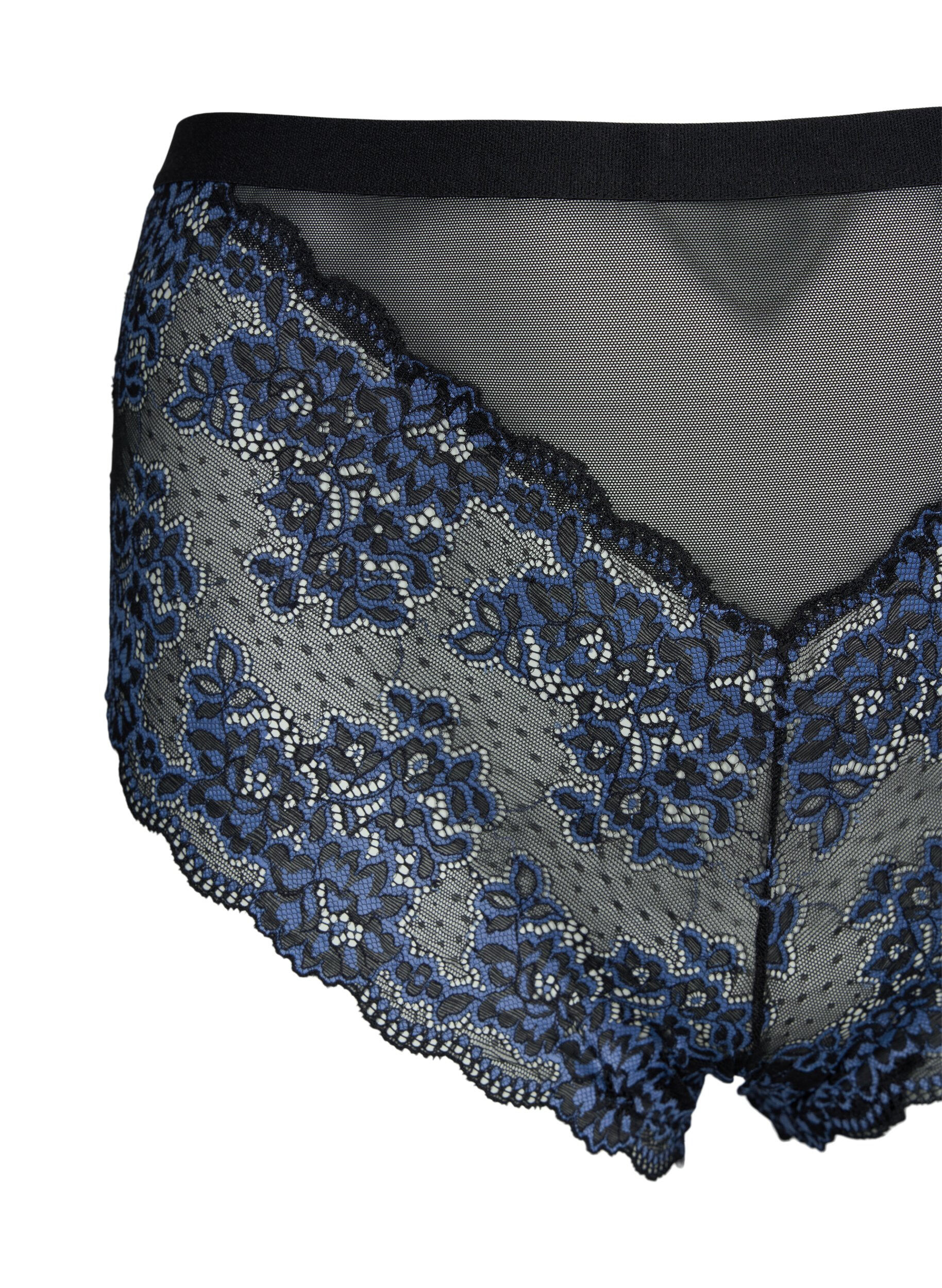 Zizzi Spetstrosa med h&ouml;g midja, Black w. blue lace, Packshot image number 2