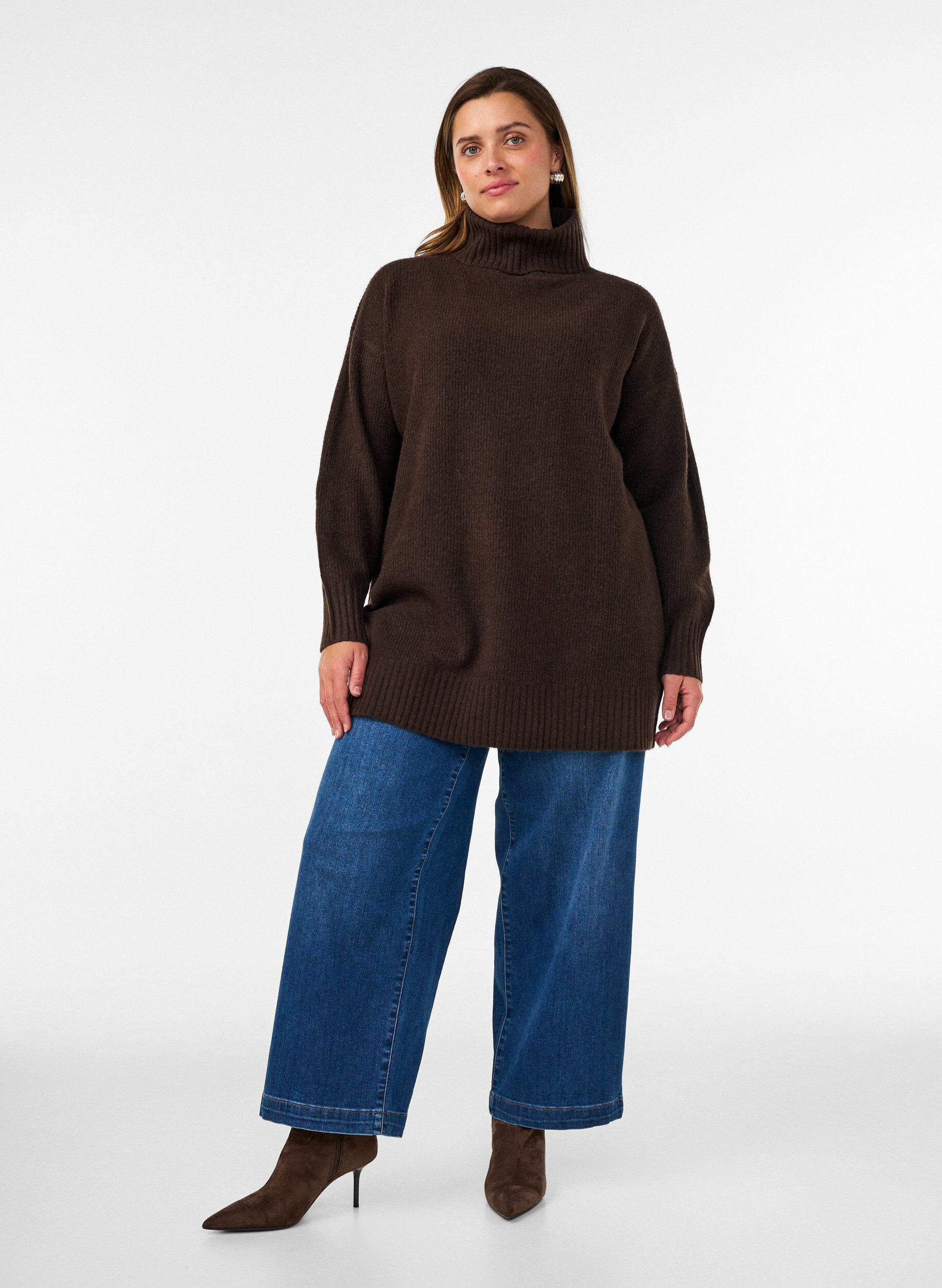 ZizziL&ouml;st stickad tr&ouml;ja med polokrage, Brun, Model image number 1