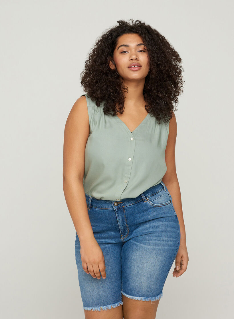 Jeansshorts med hög midja och råa kanter, Dark blue denim, Model image number 0