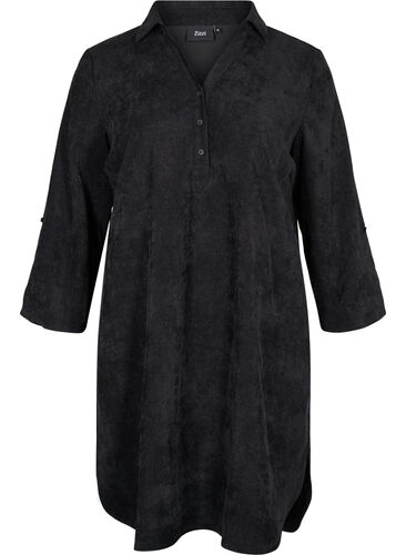Sammetsklänning med 3/4 ärmar och knappar, Black, Packshot image number 0