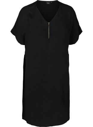 Kortärmad klänning i viskos, Black, Packshot image number 0