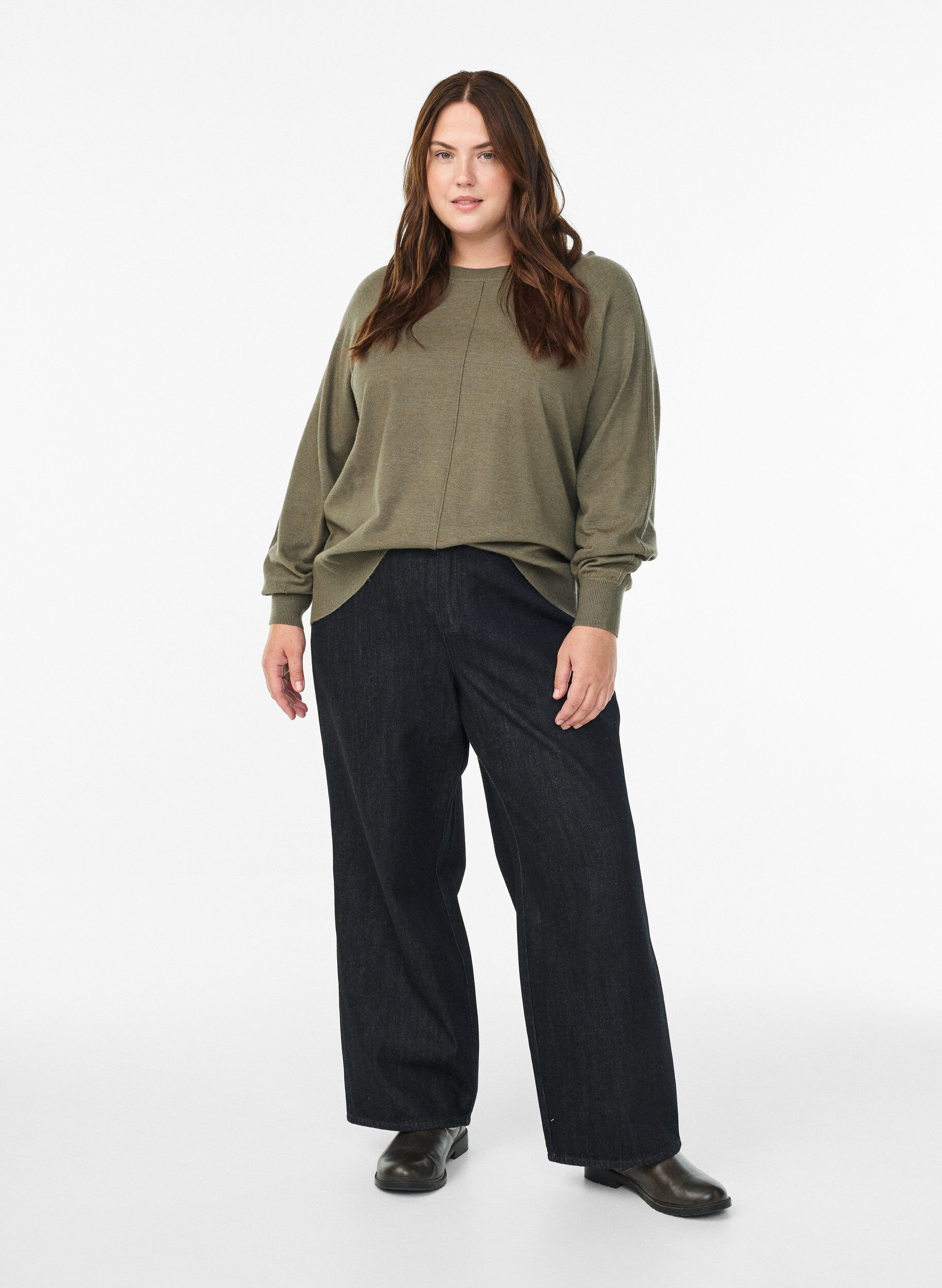 Zizzi Stickad blus med mitts&ouml;m och raglan&auml;rmar, Gr&ouml;n, Model image number 1