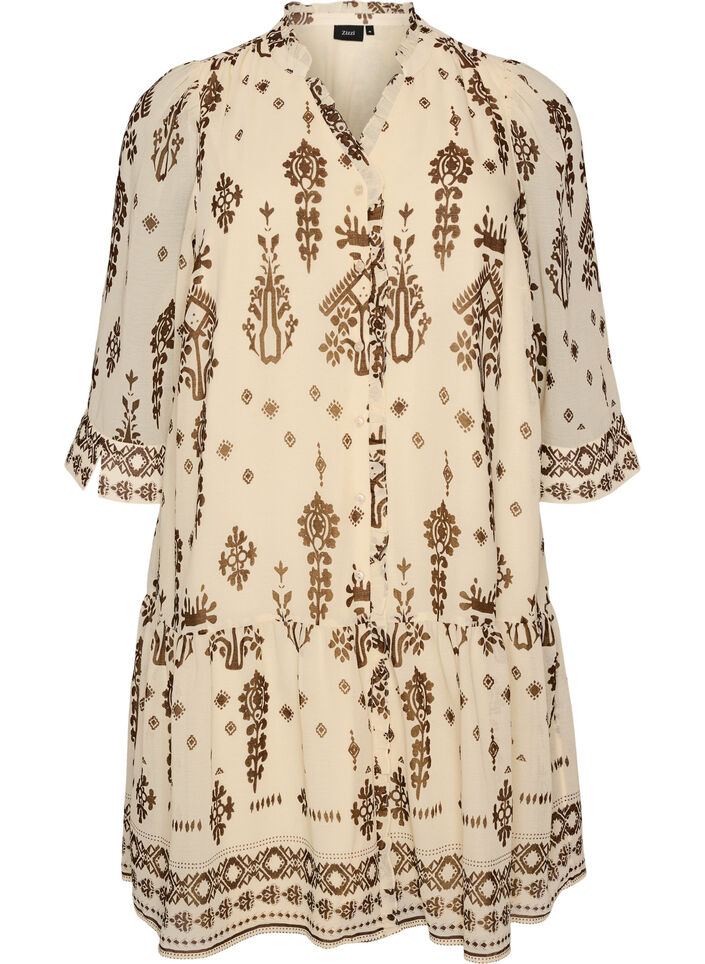 Kl&auml;nning med ornamenttryck och volangkrage, Beige, Packshot image number 0